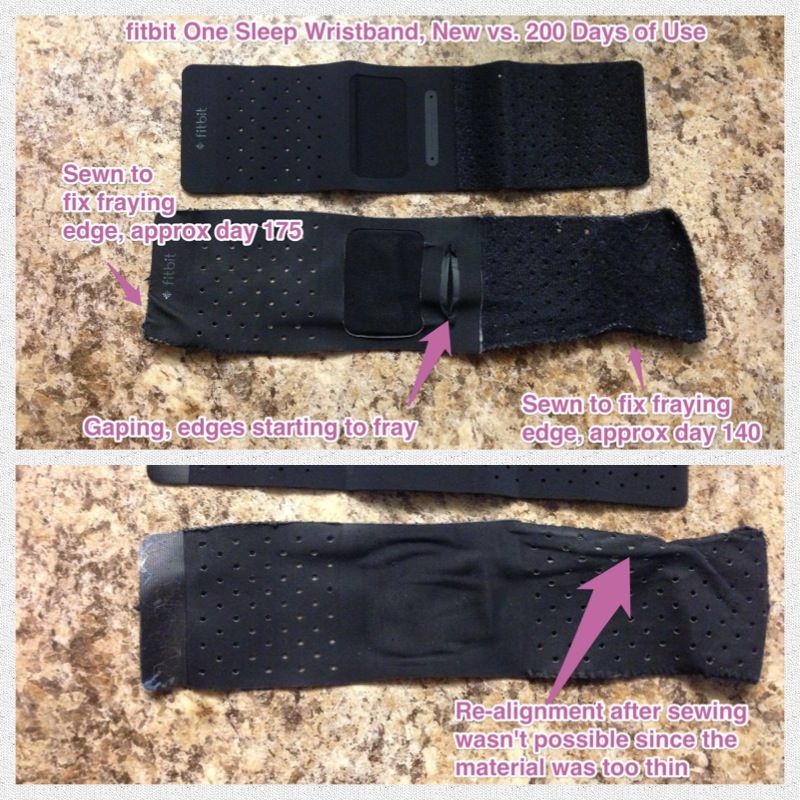 Wristband after 200 days compared to new, with repairs noted.