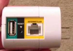 D-Link DIR-505L, Bottom view. From left to right: USB port, Reset button, and Internet/LAN CAT5 connector